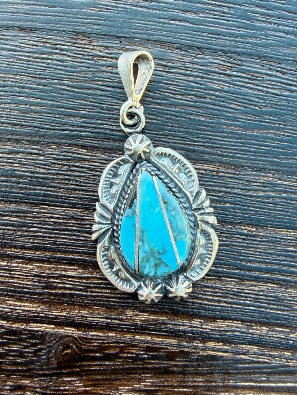 Sterling Silver Teardrop Turquoise Inlay Pendant - signed by artist